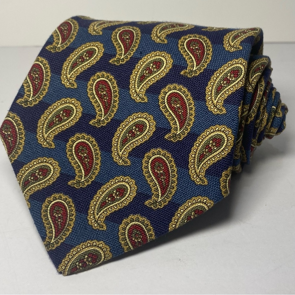VTG Tommy Hilfiger 100% Linen Men's Tie Paisley Blue Gold Red Woven Made in USA